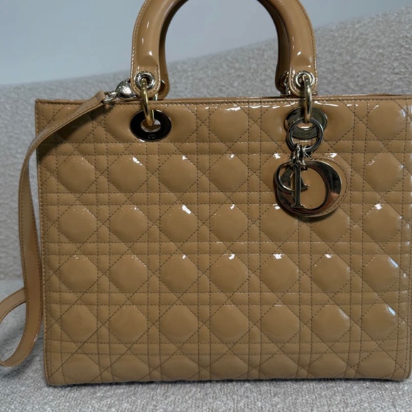 Authentic Dior Large Lady Dior Bag Beige Patent Gold HDW - Picture 1 of 12